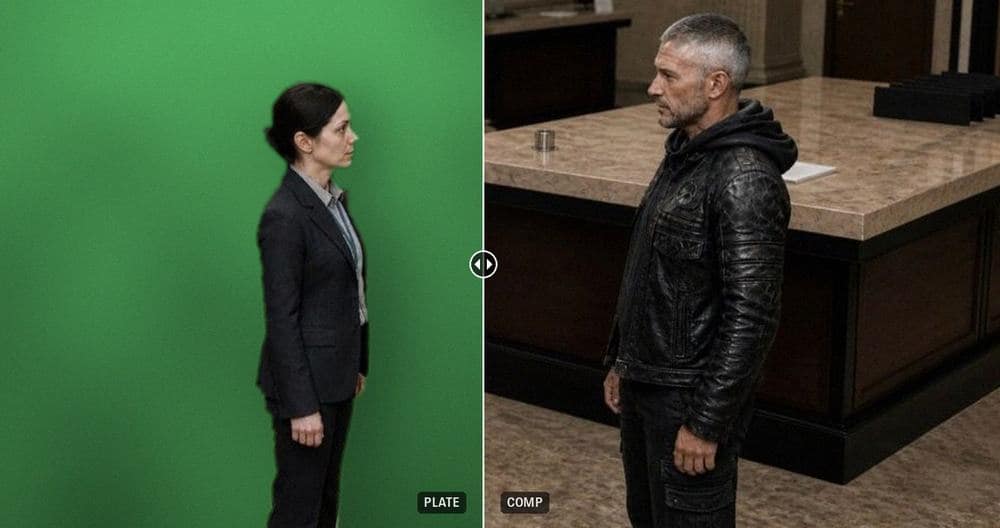 Wipe between the green screen plate and the finished composite in the bank set
