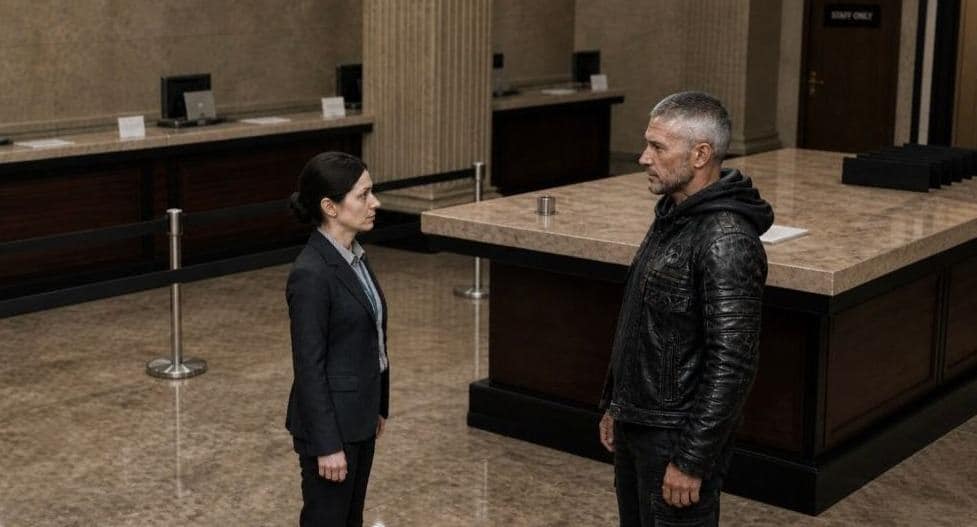Photoreal frame of two characters in the bank lobby