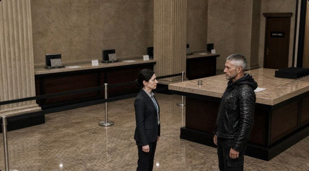Returned frame of Marta and Ray in the bank lobby, with check overlays