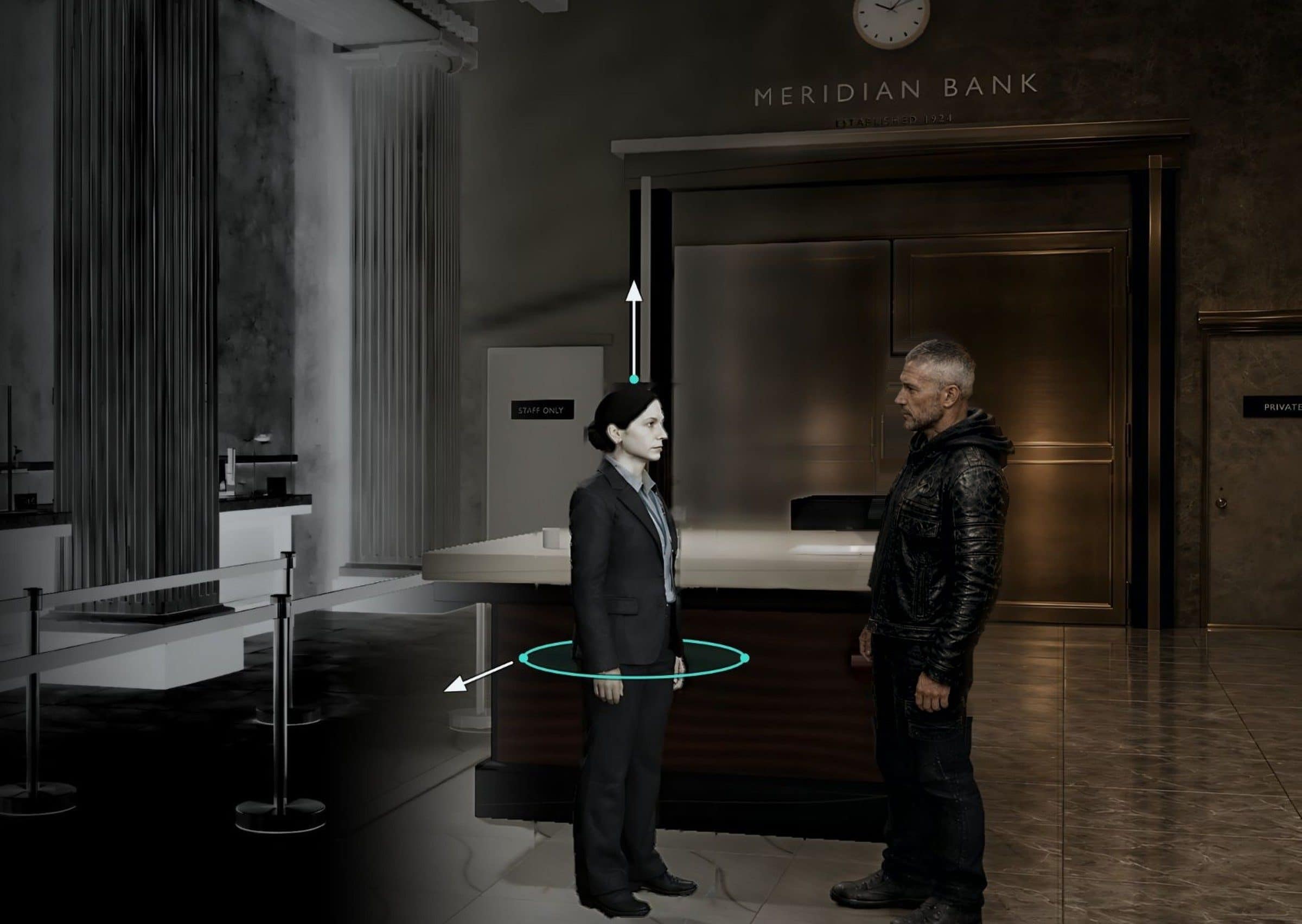 Two characters standing in a 3D bank lobby set, with move handles on one of them