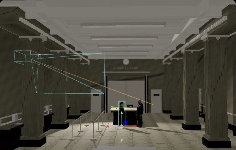 The bank lobby as an explicit 3D set with the camera frustum visible