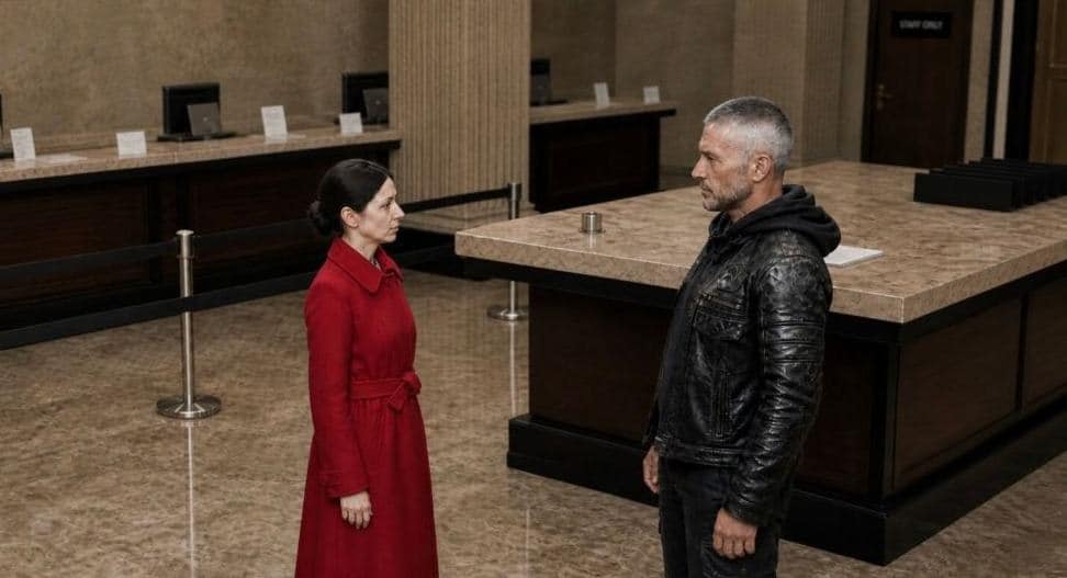 The same frame with Marta now in a red coat; everything else identical