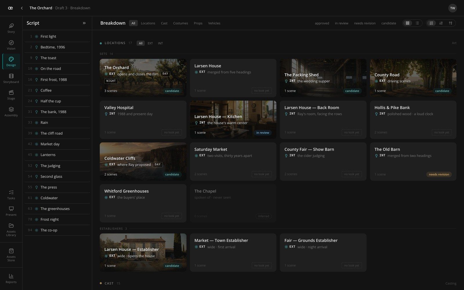 Design workspace: script breakdown of locations with approval states