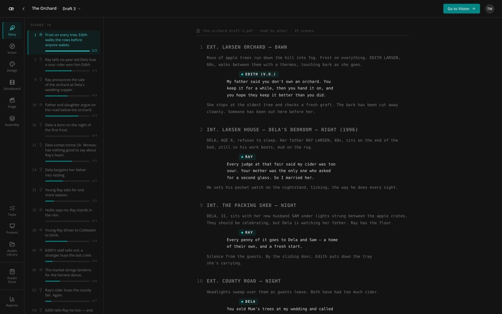 Story workspace: the uploaded script with scenes listed and tracked