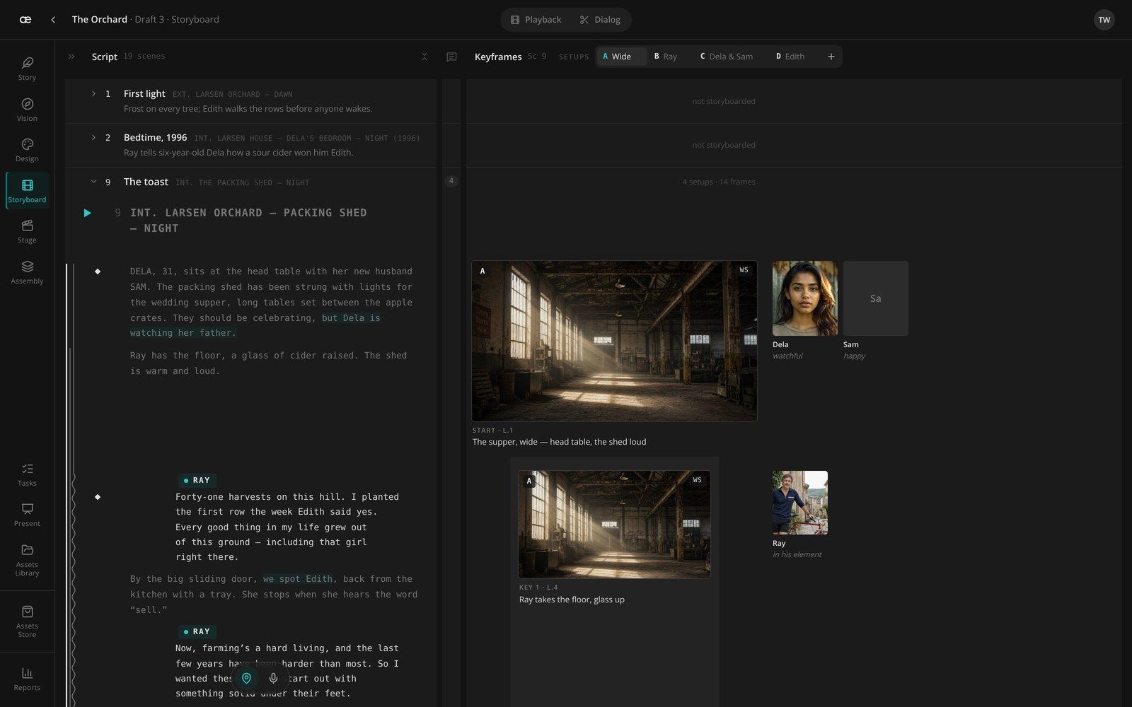 Storyboard workspace: lined script with setups and keyframes