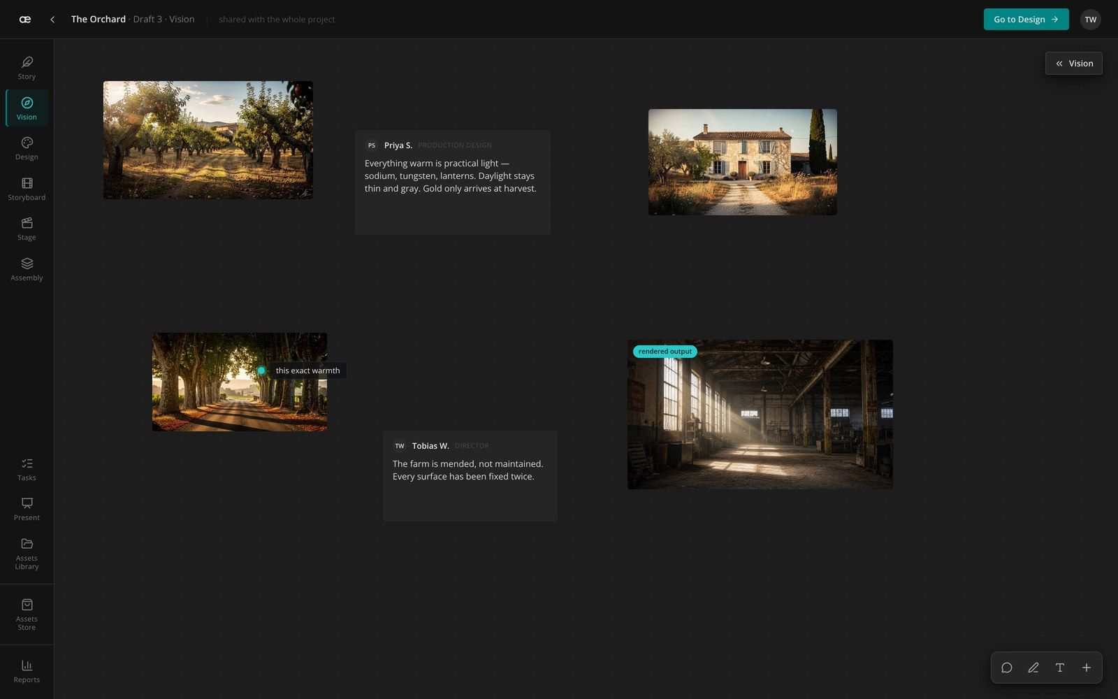 Vision workspace: mood references and director notes on a shared canvas